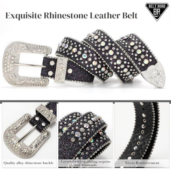 Women\'s Rhinestones Goth Bling Halloween Belt Cowgirl Western Black Silver Belt